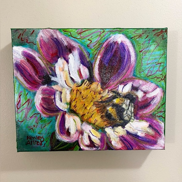 Original Artwork Bee on Flower Painting Gallery Wrapped Canvas 8”x10” 1.5” Thick